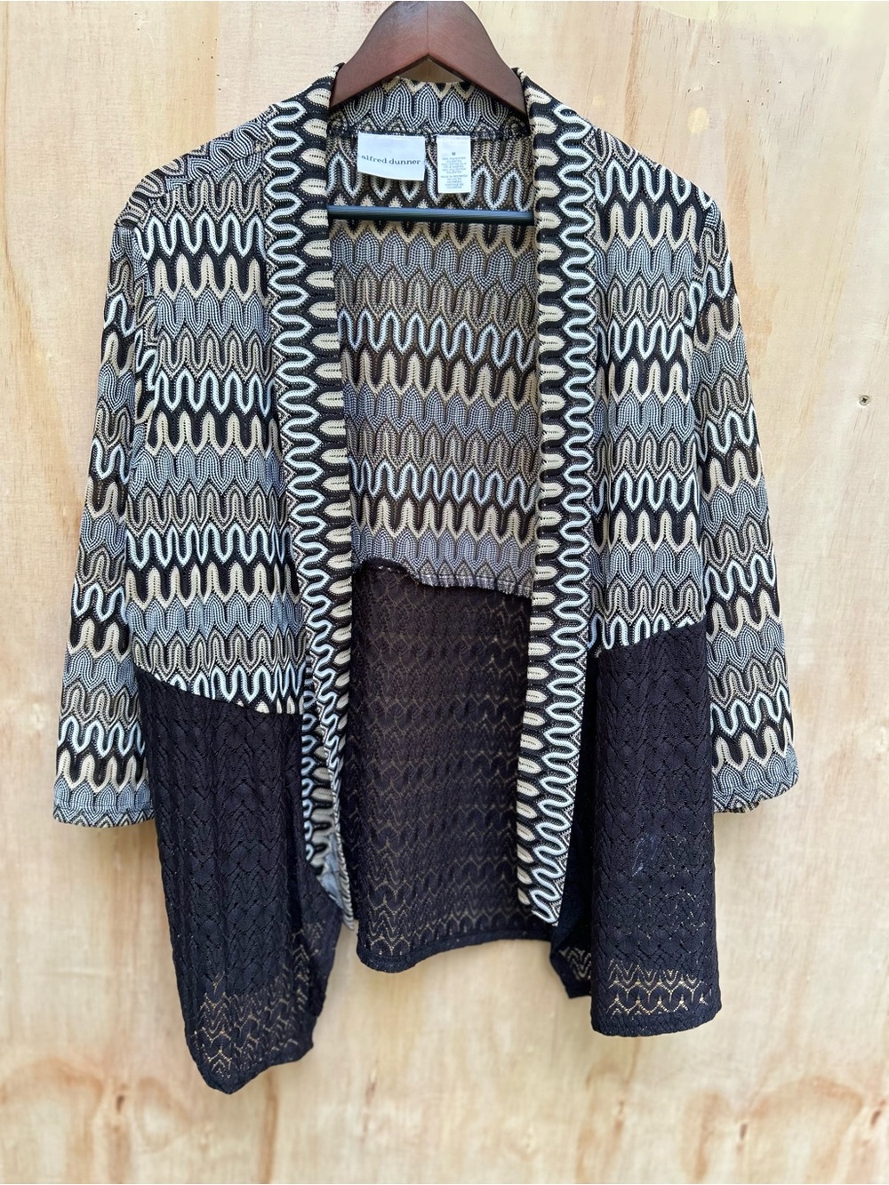 Alfred Dunner Black and Cream Patterned Open-Front Cardigan